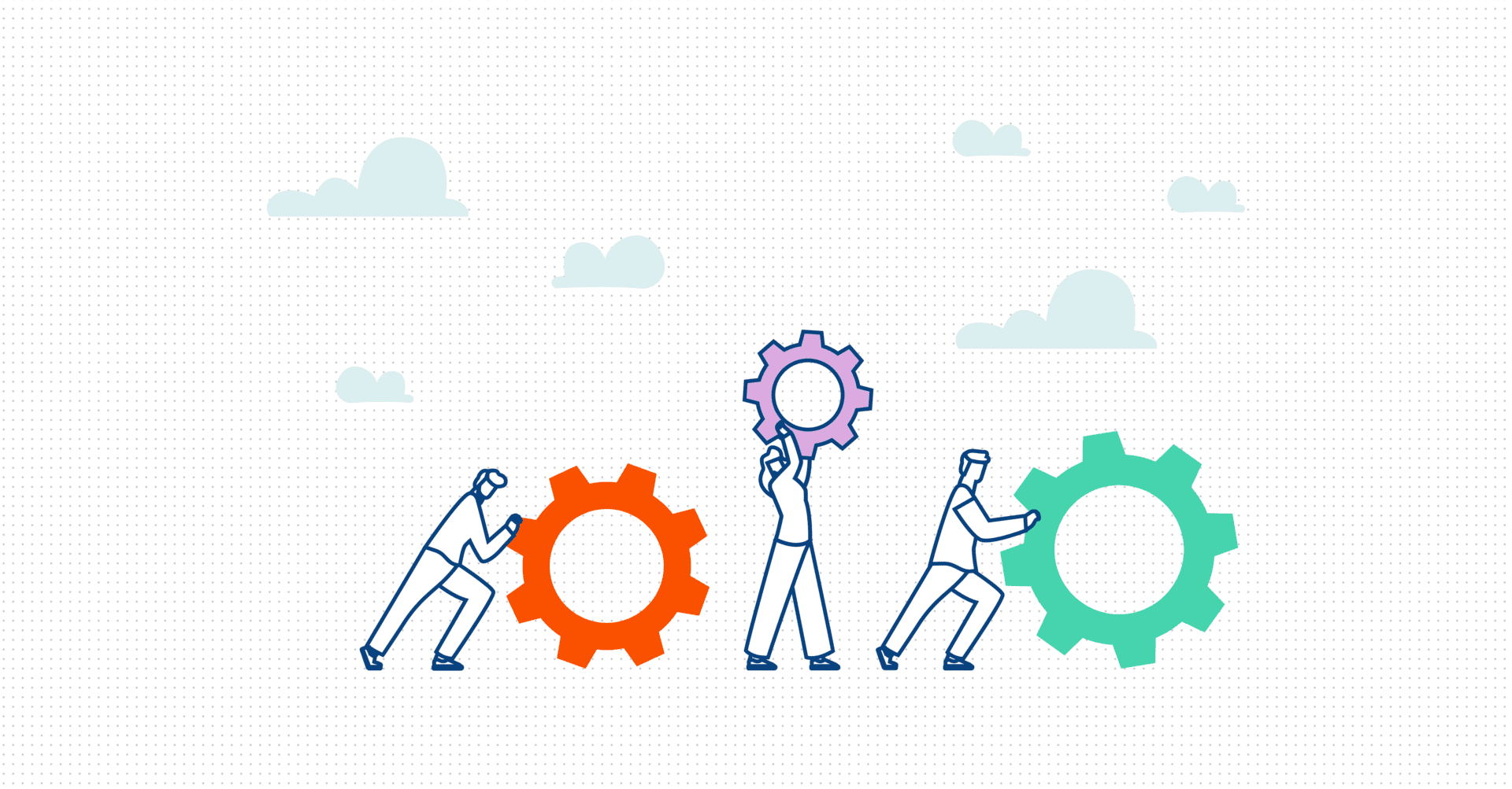 Vector graphic of three people holding and pushing cogs