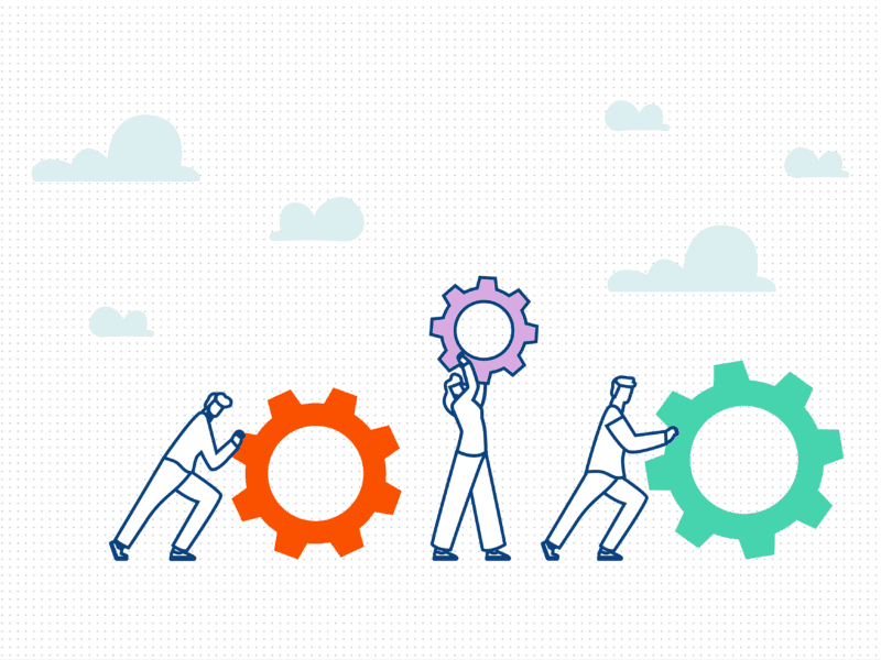 Vector graphic of three people holding and pushing cogs
