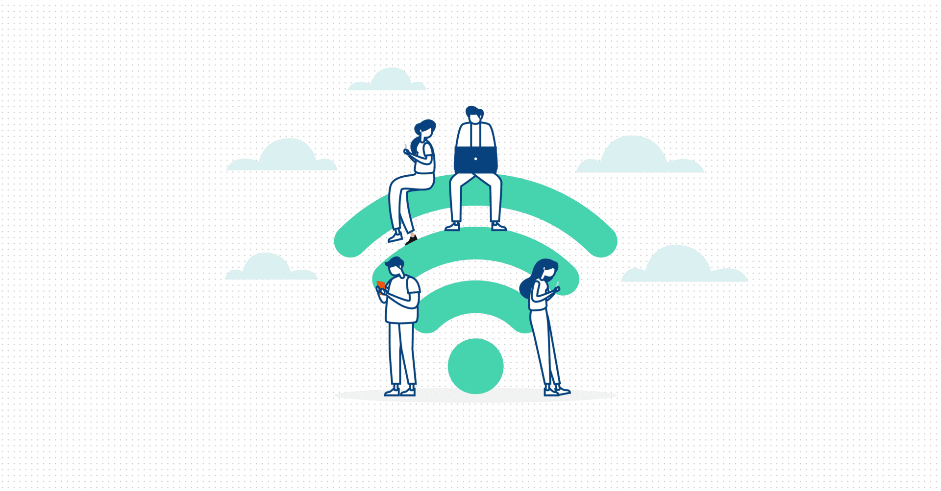 Vector graphic of four people sitting and leaning on the wifi symbol