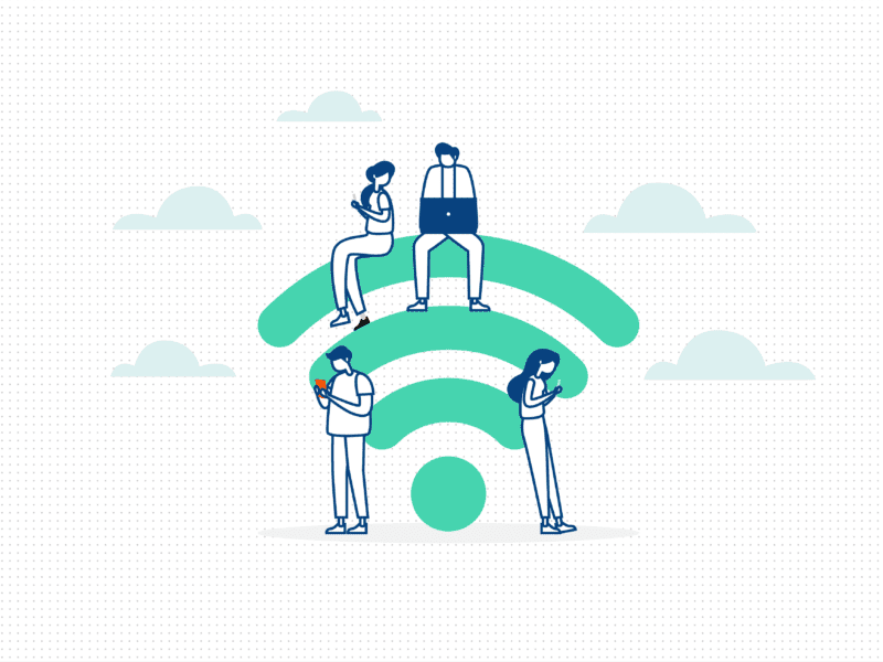 Vector graphic of four people sitting and leaning on the wifi symbol