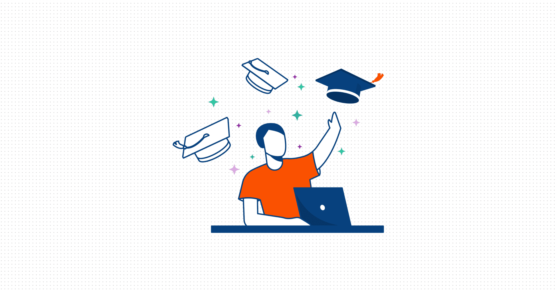 A vector graphic of a person with a laptop choosing between three graduation caps
