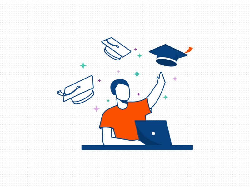 A vector graphic of a person with a laptop choosing between three graduation caps