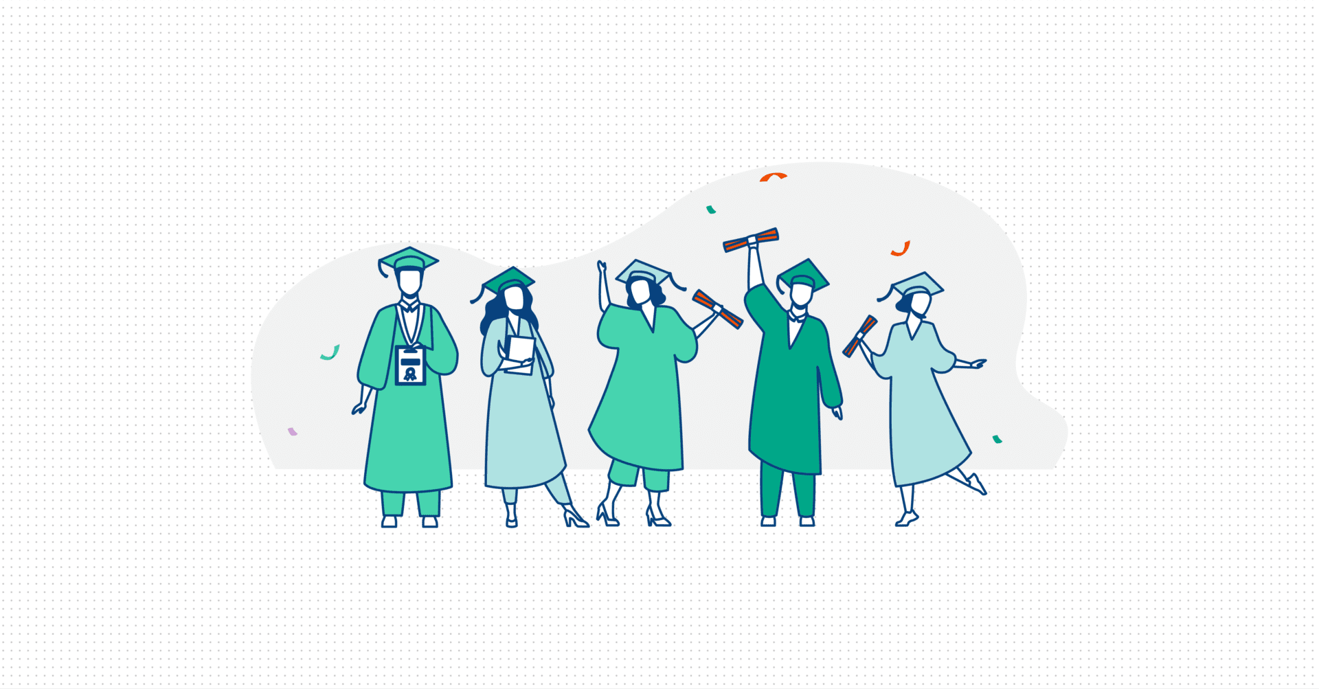 A vector graphic of five students on graduation day wearing graduation cap and gowns and holding degrees.