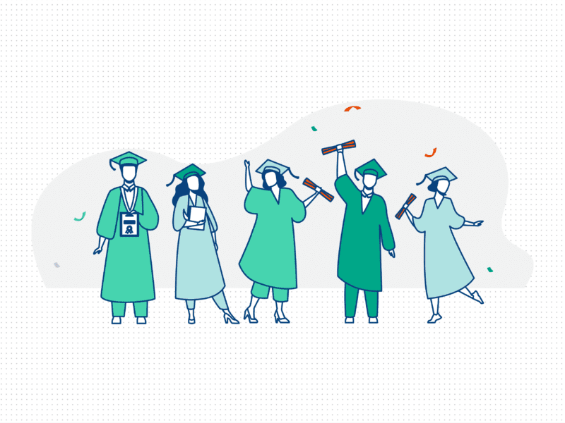 A vector graphic of five students on graduation day wearing graduation cap and gowns and holding degrees.