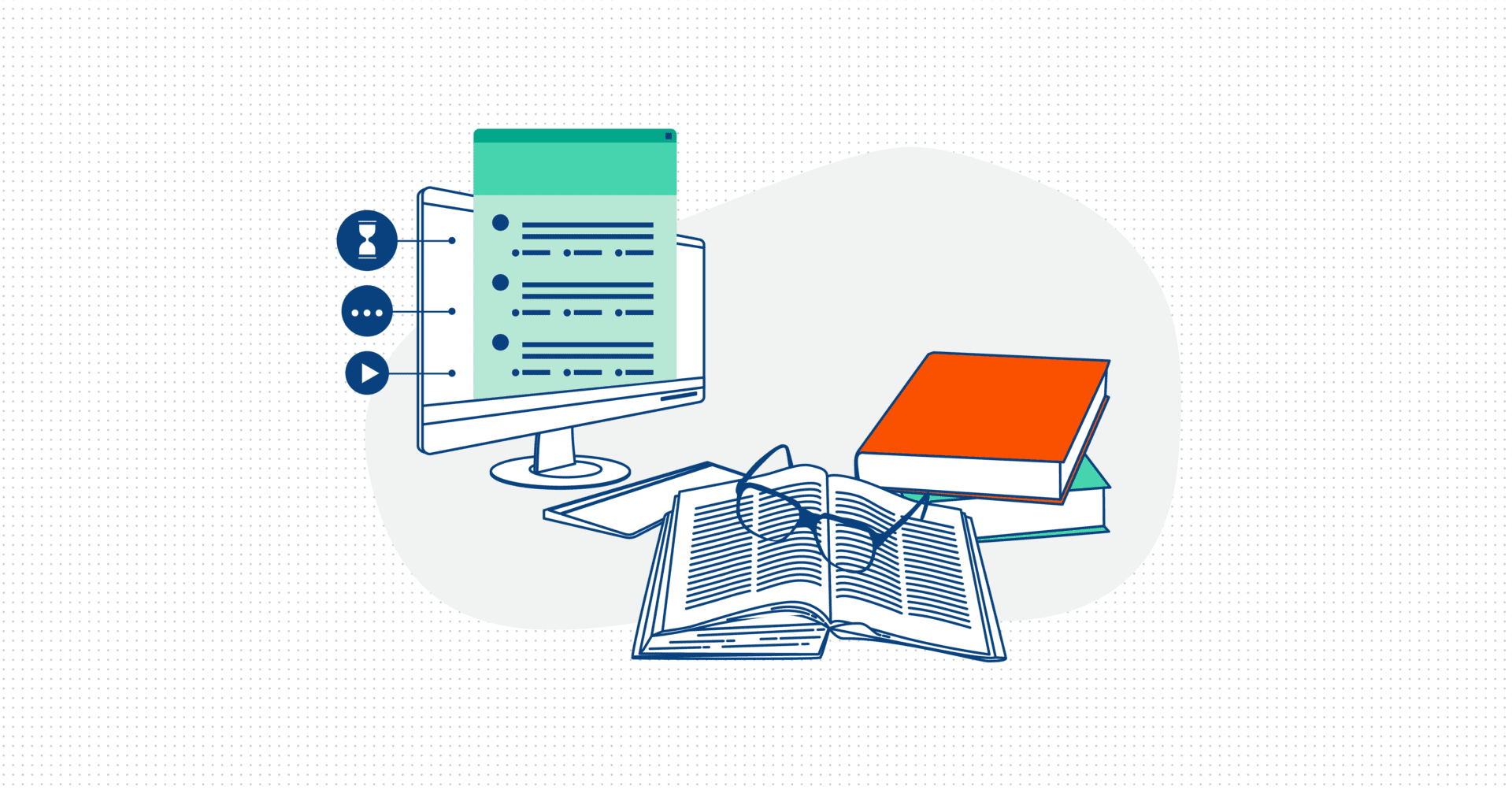 A vector graphic of a computer monitor, 2 closed books and one open with a pair of glasses on top