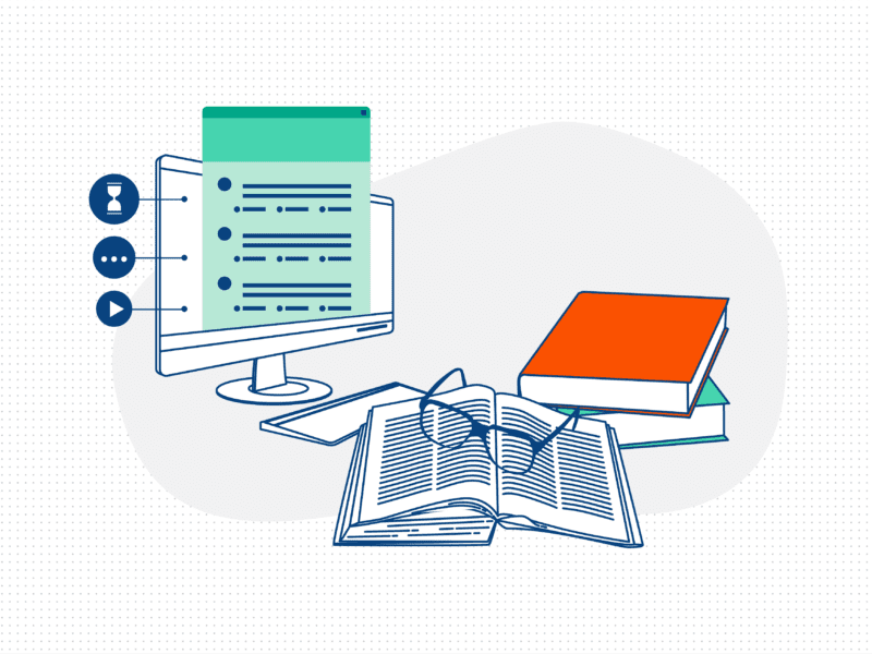 A vector graphic of a computer monitor, 2 closed books and one open with a pair of glasses on top