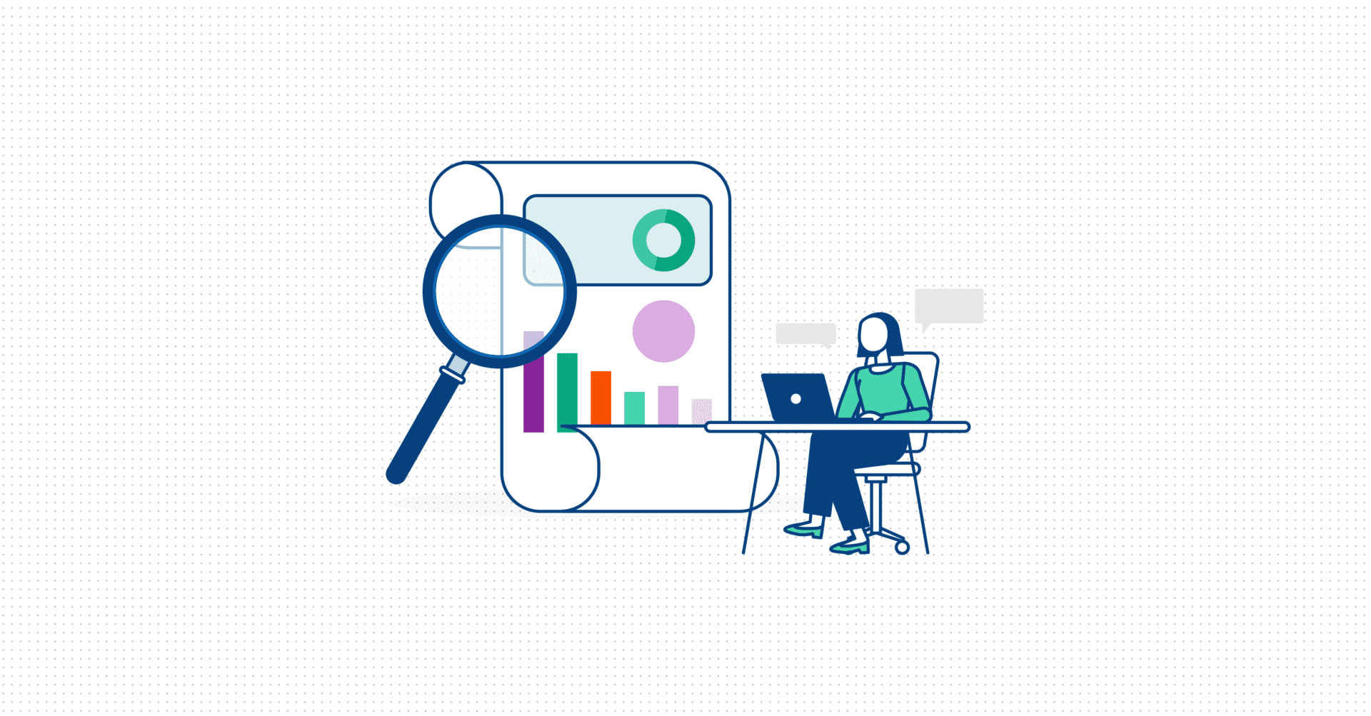 A vector graphic of a magnifying glass, a chart and a person using a laptop