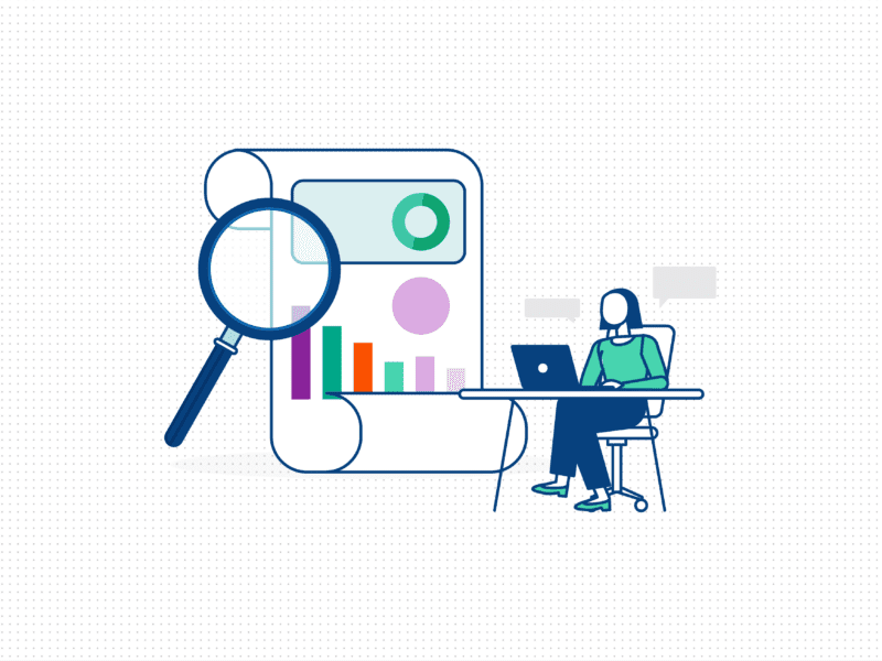 A vector graphic of a magnifying glass, a chart and a person using a laptop