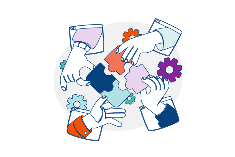 Collaboration. An illustration of four hands putting puzzle pieces together.