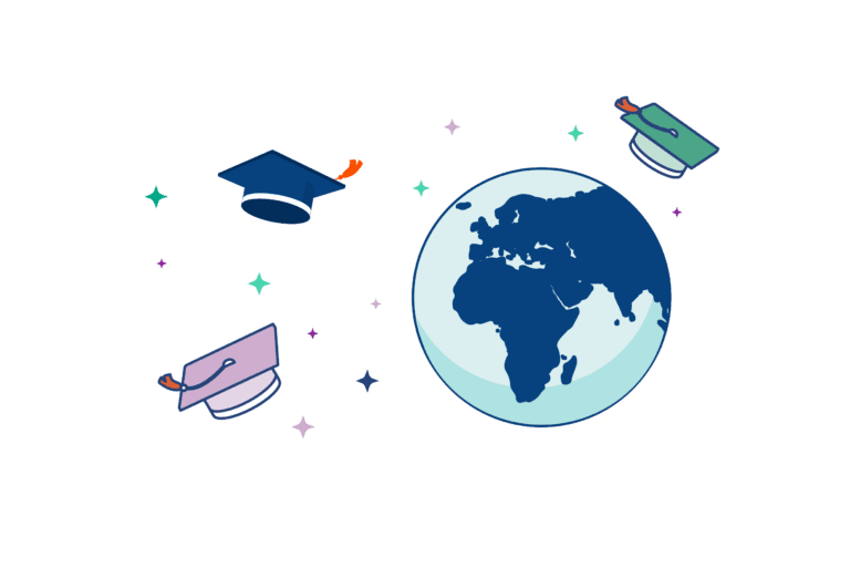 An illustration of graduation caps and a globe.